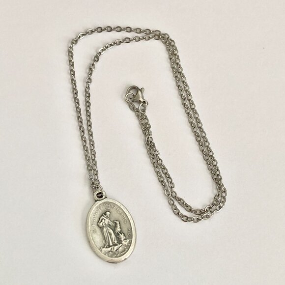 Vintage Saint Anthony Francis Medal Pendant Necklace Italy 18" Stainless Chain - Picture 14 of 15